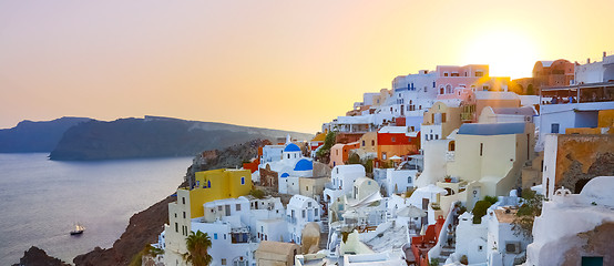 Image showing Oia village on Santorini in sunset, Greece.