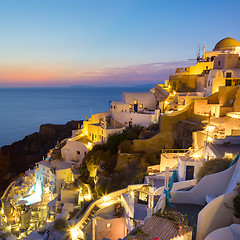 Image showing Oia village on Santorini in sunset, Greece.