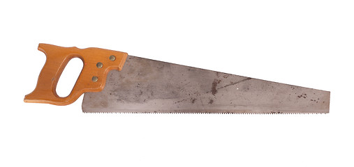 Image showing Rusted antique carpenters hand saw with wood handle