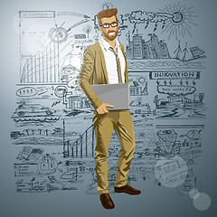 Image showing Vector Hipstar Man With Laptop in His Hands