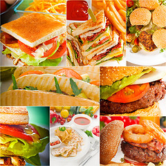 Image showing burgers and sandwiches collection on a collage