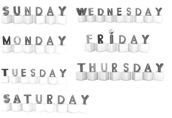 Image showing Set of 3d colorful cubes with white letters - days of the week 