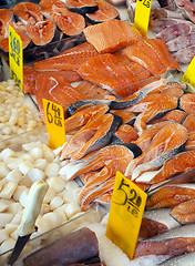 Image showing frozen red fish steaks on a market 