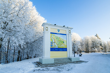 Image showing A beautiful city park with trees covered with hoarfrost