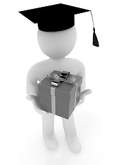 Image showing 3d man in graduation hat with gift on a white background