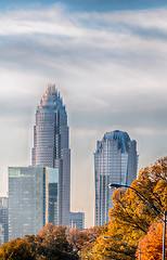 Image showing charlotte north carolina skyline during autumn season at sunset