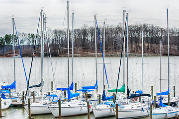 Image showing parked yachts in harbour with cloudy skies