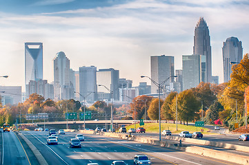 Image showing charlotte north carolina skyline during autumn season at sunset