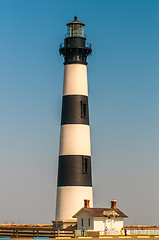 Image showing Black and white striped lighthouse at Bodie Island on the outer 