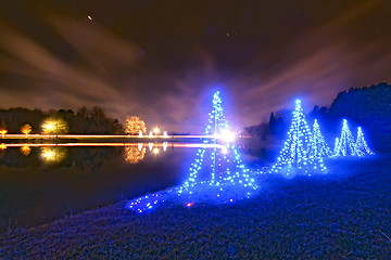 Image showing outdoor christmas decorated trees near a lake