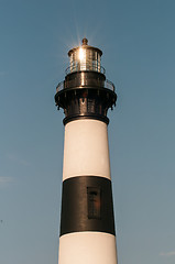 Image showing Black and white striped lighthouse at Bodie Island on the outer 