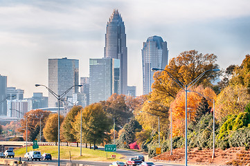 Image showing charlotte north carolina skyline during autumn season at sunset