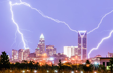 Image showing lightning strikes over charlotte north carolina skyline