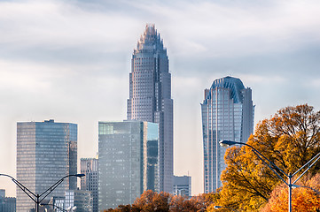 Image showing charlotte north carolina skyline during autumn season at sunset