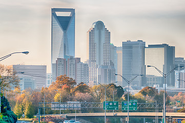 Image showing charlotte north carolina skyline during autumn season at sunset