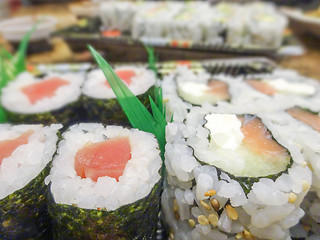 Image showing sushi with salmon and avocado rolls