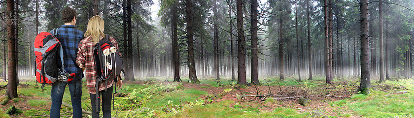 Image showing Couple hiking through misty forest