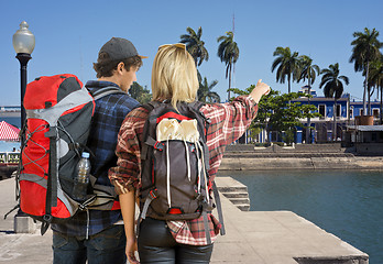 Image showing Cuple arriving at tropical resort