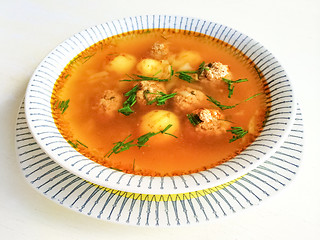 Image showing Soup with meatballs and potatoes