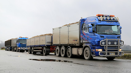 Image showing Two Scania Trucks Haul Sugar Beet