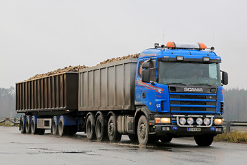 Image showing Blue Scania 164G Trailer Truck Hauls Sugar Beet