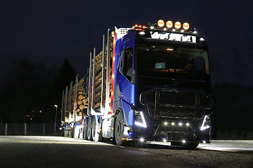 Image showing Volvo FH16 Logging Truck Lights in Darkness