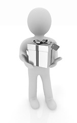 Image showing 3d man and gift with red ribbon