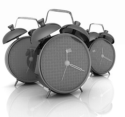 Image showing 3d illustration of glossy alarm clocks against white background 