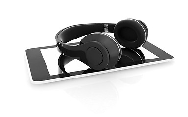 Image showing a creative cellphone with headphones isolated on white, portable