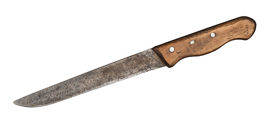 Image showing Rusty old knife with black leather handle.