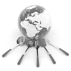 Image showing cutlery on white background around Earth