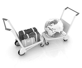 Image showing Trolley for luggage at the airport and earth. International tour