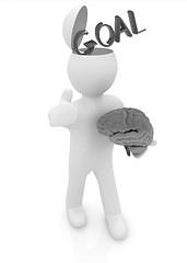 Image showing 3d people - man with half head, brain and trumb up. Goal concept