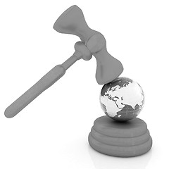 Image showing Wooden gavel and earth isolated on white background. Global auct