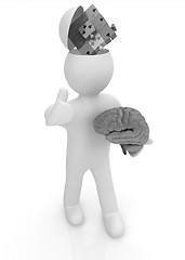 Image showing 3d people - man with half head, brain and trumb up. Idea concept