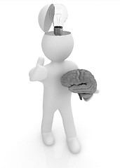 Image showing 3d people - man with half head, brain and trumb up. Idea concept