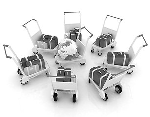Image showing Trolley for luggage at the airport and earth. International tour