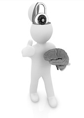 Image showing 3d people - man with half head, brain and trumb up. The concept 