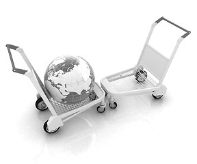 Image showing Trolley for luggage at the airport and earth. International tour