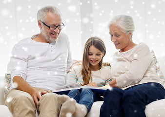 Image showing smiling family with book at home