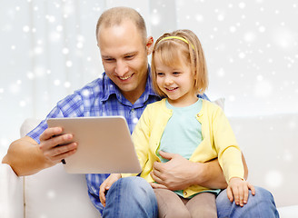 Image showing happy father and daughter with tablet pc computer