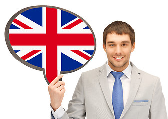 Image showing smiling man with text bubble of british flag