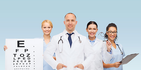 Image showing group of smiling doctors with eye chart