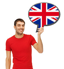 Image showing smiling man with text bubble of british flag