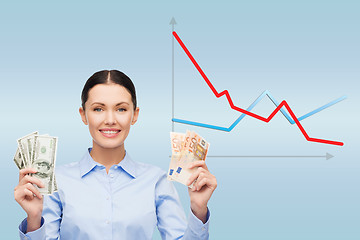 Image showing businesswoman with dollar and euro cash money