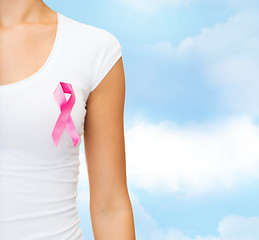 Image showing close up of woman with cancer awareness ribbon