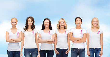 Image showing smiling women with pink cancer awareness ribbons