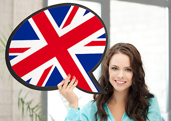 Image showing smiling woman with text bubble of british flag