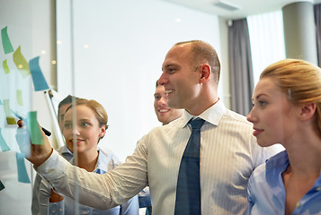 Image showing smiling business people with marker and stickers