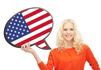 Image showing smiling woman with text bubble of american flag